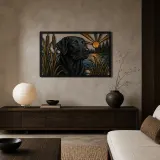 Black Labrador by Lake Cattails at Sunrise Colorful Metal Wall Art