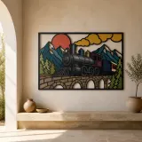 Vintage Steam Train Crossing Mountain Bridge Colorful Metal Wall Art