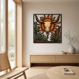 Longhorn Cow Skull with Cactus and Radiant Sun Colorful Metal Wall Art