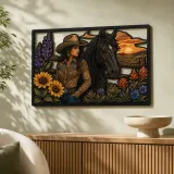 Cowgirl with Black Horse and Mountain Wildflowers Colorful Metal Wall Art