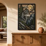 Gray Wolf in Mountain Forest under Full Moon Colorful Metal Wall Art