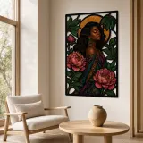 Afro Woman with Peonies and Celestial Moon Colorful Metal Wall Art