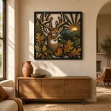Whitetail Deer with Autumn Oak Leaves and Sunrise Colorful Metal Wall Art