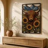 Highland Cow with Sunflowers and Mountain Landscape Colorful Metal Wall Art