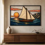 Segelboot am Bergsee im Sonnenuntergang - Buntes Metallschild