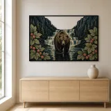 Brown Bear Standing in Mountain Waterfall Colorful Metal Wall Art