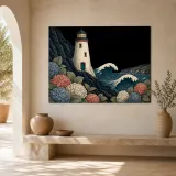 Coastal Lighthouse with Hydrangeas and Ocean Waves Colorful Metal Wall Art