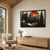 Hunter Watching Elk in Mountain Sunset Colorful Metal Wall Art