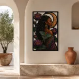 Afro Woman with Luna Moth Lotus and Crescent Moon Colorful Metal Wall Art