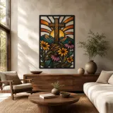 Holzkreuz über Bergen und Wildblumen Farbige Metall-Wandkunst