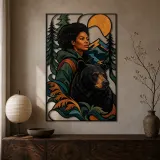 Black Woman with Bear in Mountain Forest Colorful Metal Wall Art