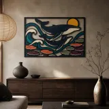 Humpback Whale Mother and Calf over Ocean Waves Colorful Metal Wall Art