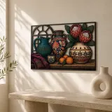 Decorative Pottery with Protea Flowers and Oranges Colorful Metal Wall Art