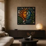 Sun and Moon Faces with Tropical Leaves Colorful Metal Wall Art