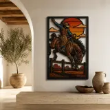 Rodeo Cowboy Riding Bucking Horse at Sunset Colorful Metal Wall Art
