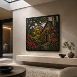 Stone Cottage Covered in Climbing Red Roses Colorful Metal Wall Art