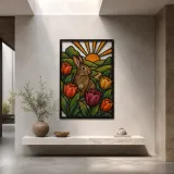 Spring Rabbit among Colorful Tulips at Sunrise Metal Wall Art