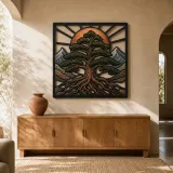 Mountain Pine Tree of Life with Radiant Sun Colorful Metal Wall Art