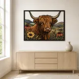 Highland Cow with Colorful Meadow Flowers Metal Wall Art