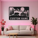 Personalized Bear and Log Cabin Metal Wall Art