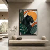 Black Panther with Tropical Leaves and Golden Sun Colorful Metal Wall Art