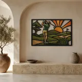 Golfer Teeing Off on Rolling Green Course Colorful Metal Wall Art
