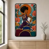 Black Woman Drummer with Tropical Flowers and Sun Colorful Metal Wall Art