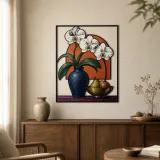 Weiße Orchideen in blauer Vase mit Früchten – Bunte Metall-Wandkunst