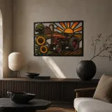 Vintage Farm Tractor with Sunflowers at Sunrise Colorful Metal Wall Art