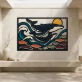 Humpback Whale Mother and Calf over Ocean Waves Colorful Metal Wall Art