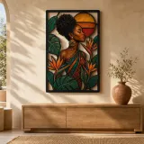 Afro Woman with Bird of Paradise Flowers Colorful Metal Wall Art