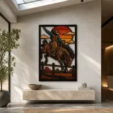 Rodeo Cowboy Riding Bucking Horse at Sunset Colorful Metal Wall Art