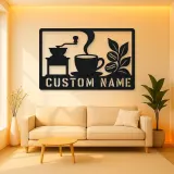 Personalized Coffee Station Metal Wall Art with Grinder
