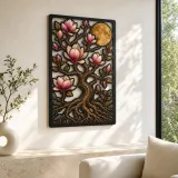 Magnolia Tree of Life with Blossoms and Moon Colorful Metal Wall Art