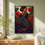 Flamenco Woman with Fan and Red Poppies Colorful Metal Wall Art