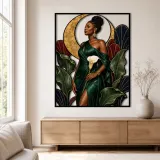Elegant Black Woman in Green Dress with Calla Lilies Colorful Metal Wall Art