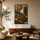 Mid Century Rollende Hügel mit Goldener Sonne - Buntes Metallschild