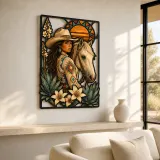 Cowgirl with Palomino Horse and Desert Lilies Colorful Metal Wall Art