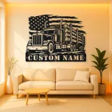 Personalized Logging Semi Truck Metal Wall Art with American Flag