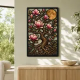 Magnolia Tree of Life with Blossoms and Moon Colorful Metal Wall Art