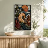 Nautilus Shell with Coral and Copper Moon Colorful Metal Wall Art