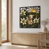 Spring Lamb with White Lilies at Sunrise Colorful Metal Wall Art