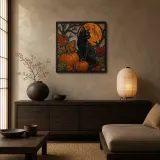 Black Cat with Pumpkins and Autumn Leaves Colorful Metal Wall Art