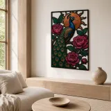 Peacock with Pink Peonies and Copper Sun Colorful Metal Wall Art