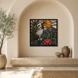 Japanese Crane in Lotus Pond at Sunset Colorful Metal Wall Art