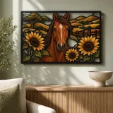 Bay Horse with Sunflowers and Rolling Hills Colorful Metal Wall Art