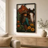 Cowgirl with Pinto Horse Cactus and Marigolds Colorful Metal Wall Art