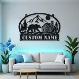 Personalized Bear Cabin Metal Wall Art with Mountain Scene