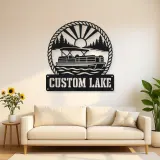 Personalized Pontoon Boat Metal Wall Art with Mountain Lake
