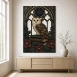 Barn Owl on Books in Gothic Window Colorful Metal Wall Art